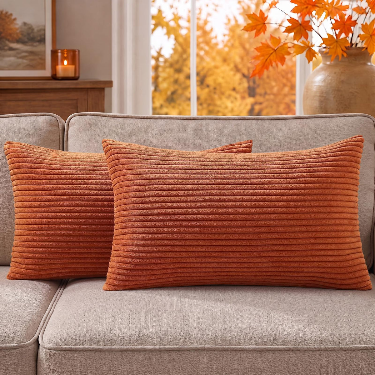 Mecatny Corduroy Fall Decorative Throw Pillow Covers 18x18 Set of 2 Khaki