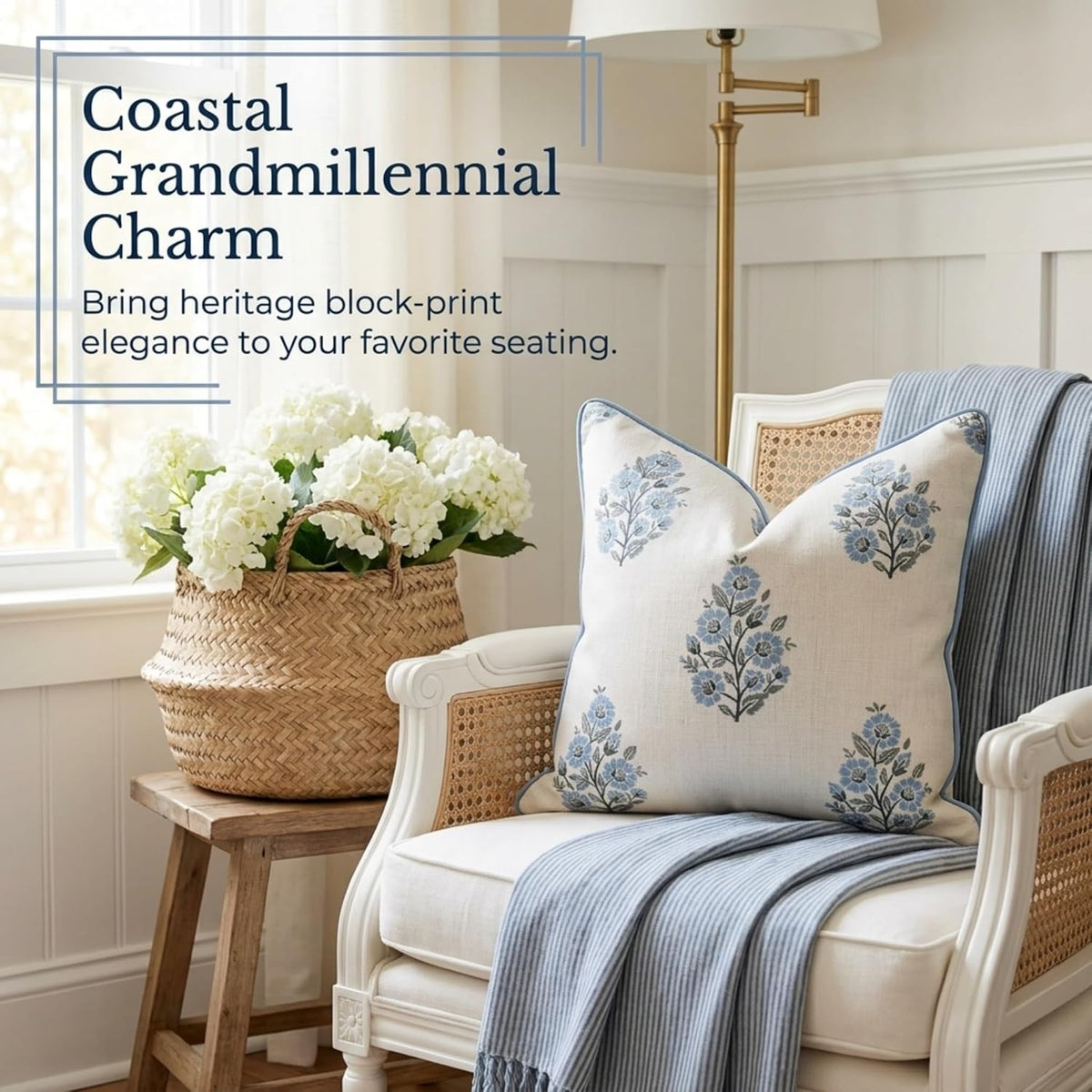 Jillien Harbor “The Camille” Floral Block Print Pillow Cover – Soft Blue and White Decorative Throw Pillow Cover – Grandmillennial Home Decor, 20" x 20"