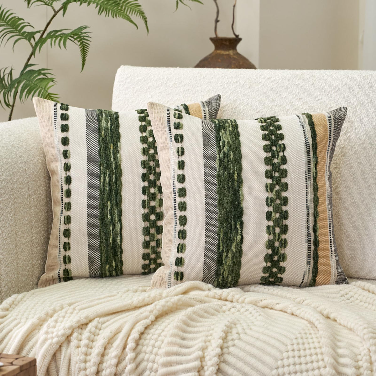 Aeckself Boho Throw Pillow Covers 18x18 Inch Set of 2, Farmhouse Decorative Striped Square Pillow Covers Chenille Tufted Pillow Cases Accent Neutral Pillowcase for Living Room Couch Bed, Orange White