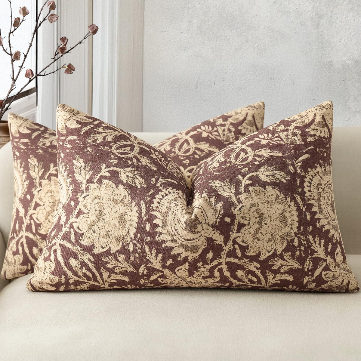 Vintage Floral Print Throw Pillow Covers 20x20 Set of 2 Neutral Modern Farmhouse Pillowcase Accent Decorative Cushion Covers Boho Home Decor for Couch Sofa Chair Bed Living Room, Olive Green