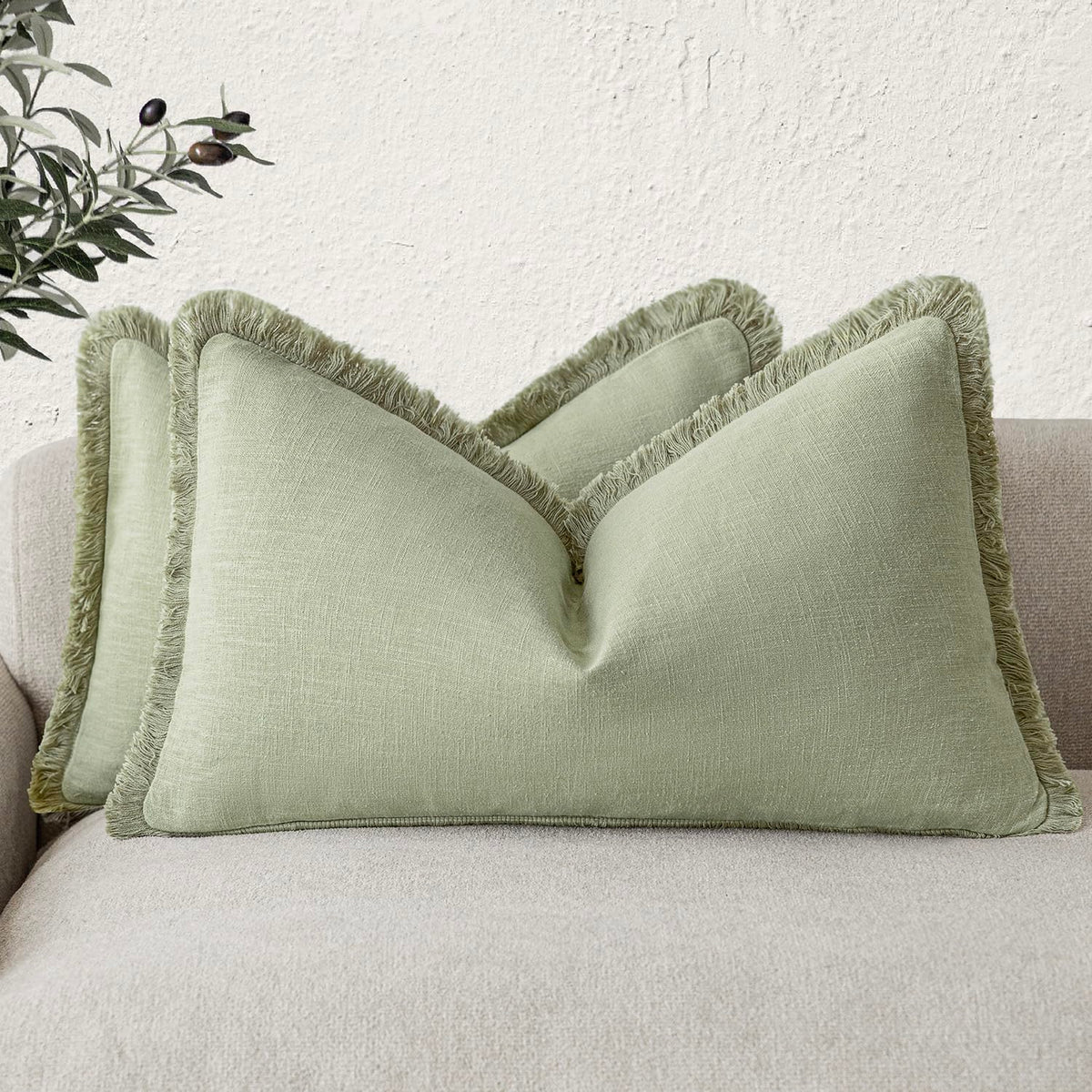 Foindtower Decorative Linen Fringe Throw Pillow Covers 20×20 Inch,Beige