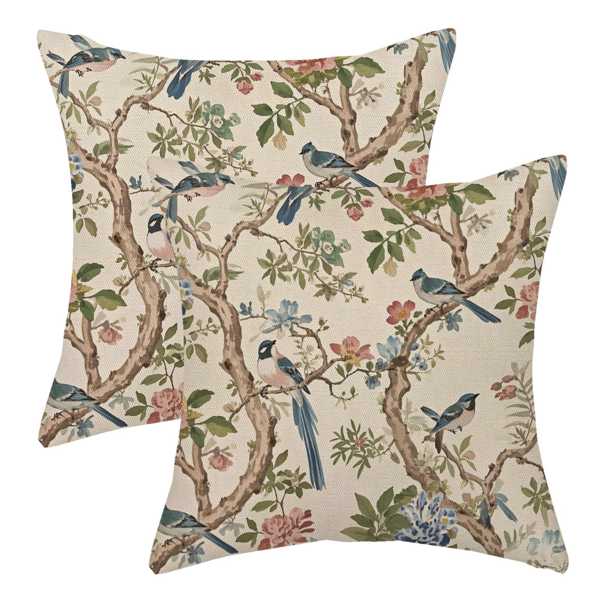 Chinoiserie Pillow Covers 18x18 Set of 2 Blue Green Bird Floral Throw Pillows Vintage Blue Flowers Decorations Outdoor Pillowcase Chinoiserie Decor Farmhouse Linen Cushion Case for Couch Home