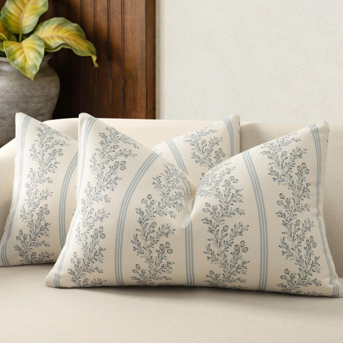 Vintage Throw Pillow Covers 18x18 Set of 2, Striped Floral Pillow Cover Botanical Patterned Decorative Cushion Covers Modern Farmhouse Home Decor for Sofa Couch Bed Living Room, Light Brown