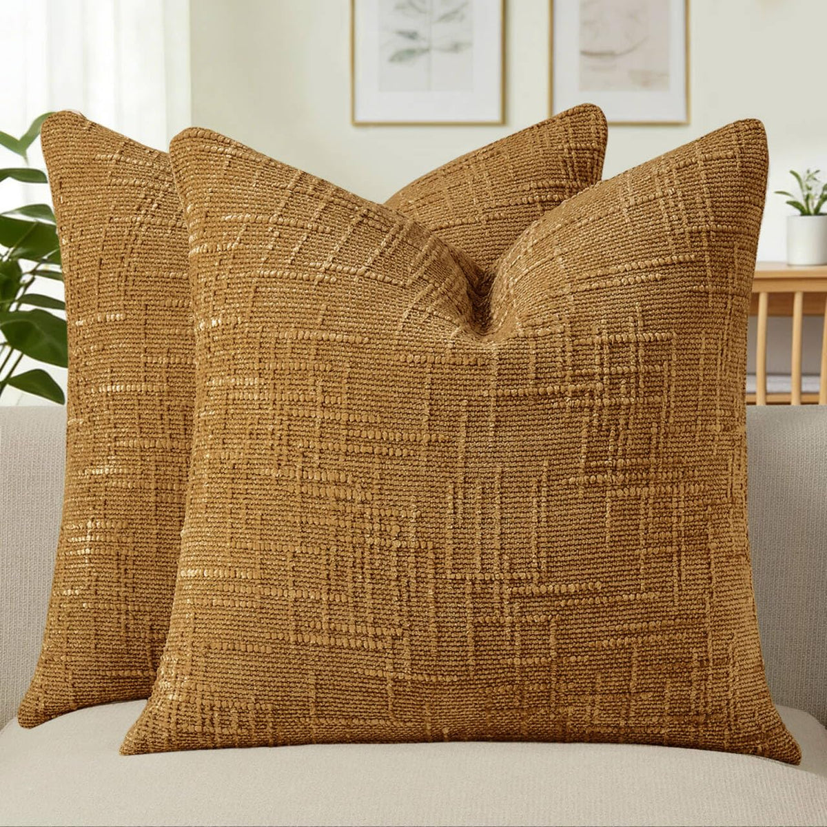 Allorry Decorative Couch Throw Pillow Covers 18x18 Set of 2 Camel Soft Chenille Pillow Covers Neutral Textured Boho Cushion Covers for Modern Farmhouse Sofa Bedroom Living Room Decor SY008-D18