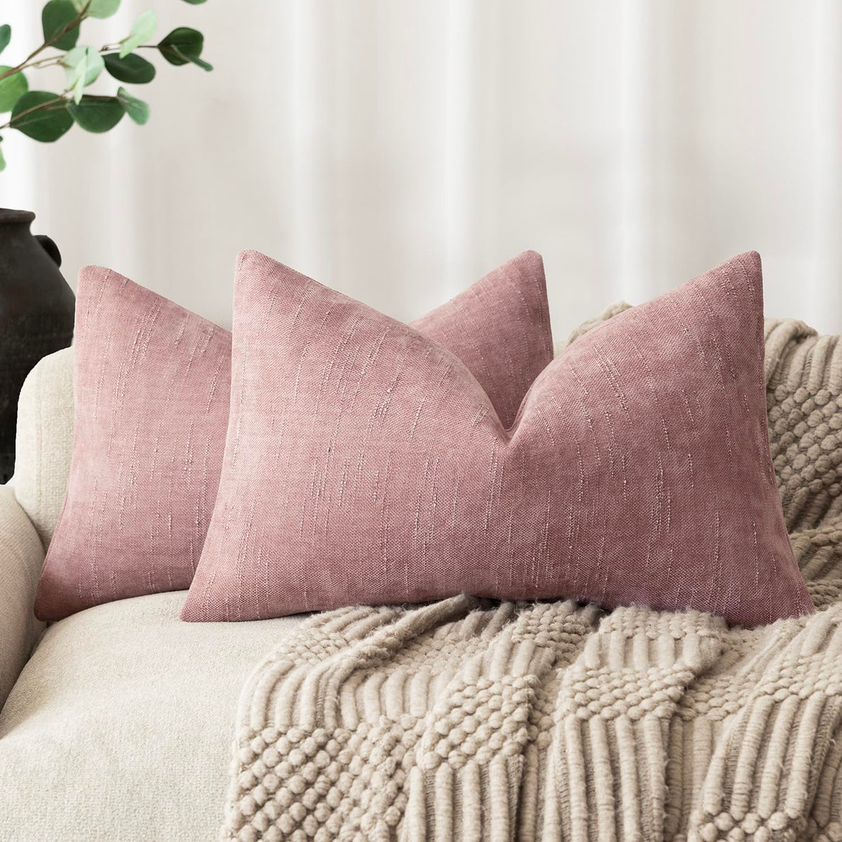 Foindtower Solid Textured Chenille Throw Pillow Covers 20x20 Inch,Taupe