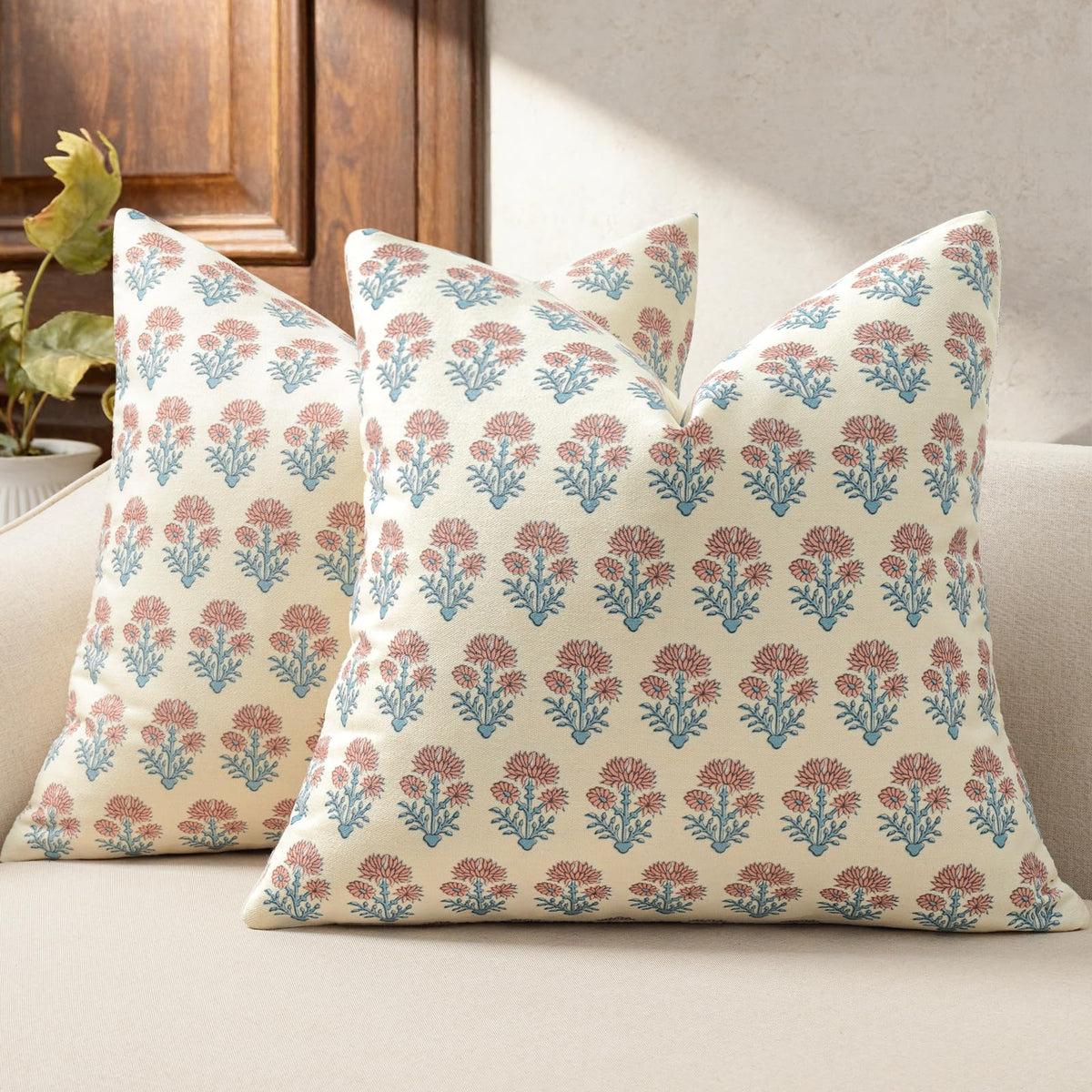Farmhouse Floral Pillow Covers 18x18 Set of 2, Country Botanical Throw Pillow Cover for Sofa Couch Bed Living Room, Rustic Vintage Flower Cushion Covers Cottage Home Decor,Vintage Walnut