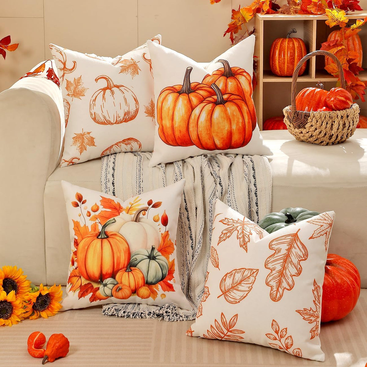 TOYPOPOR Fall Pillow Covers 18x18 4Pcs Double‑Sided Print Autumn Home Decor