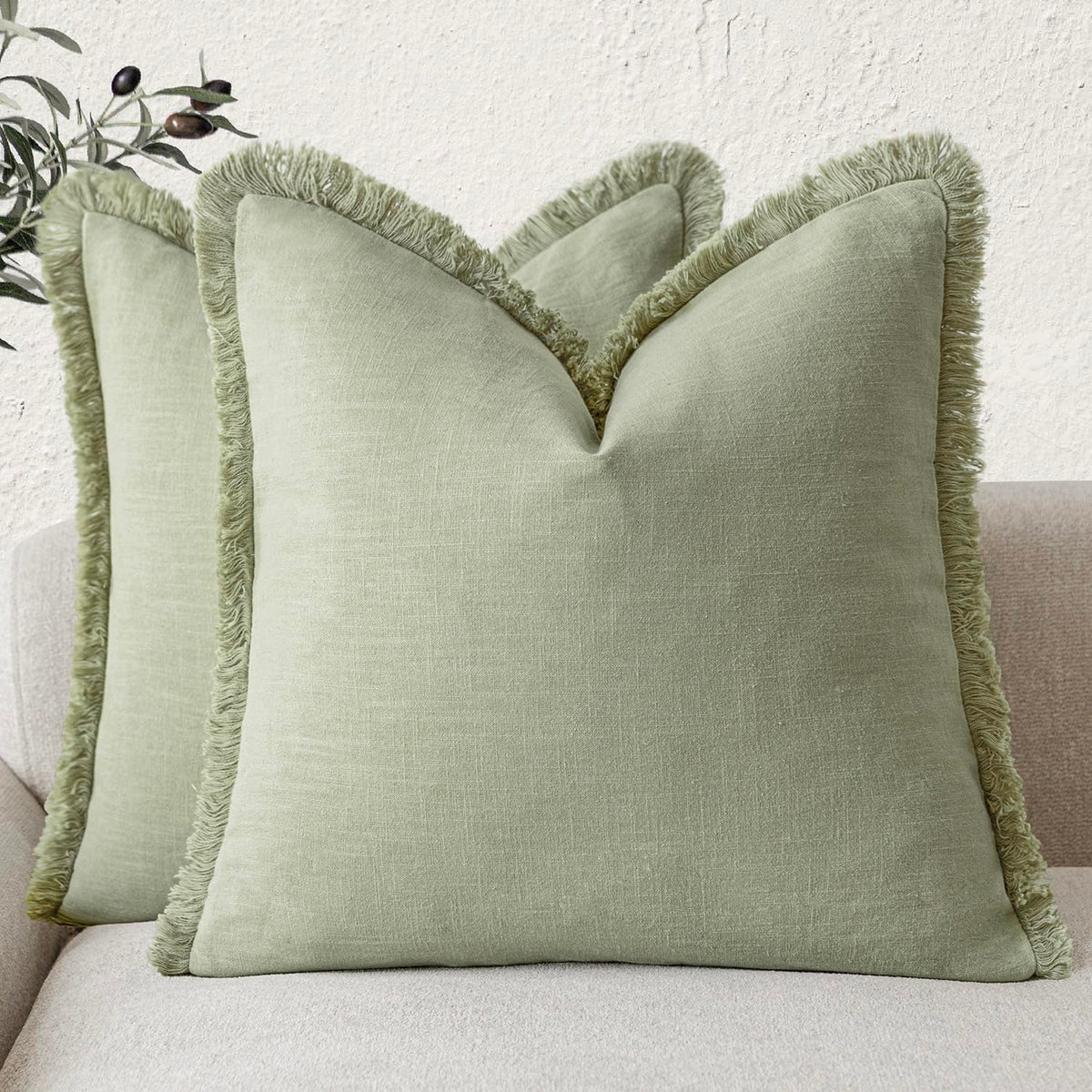 Foindtower Decorative Linen Fringe Throw Pillow Covers 18×18 Olive Green