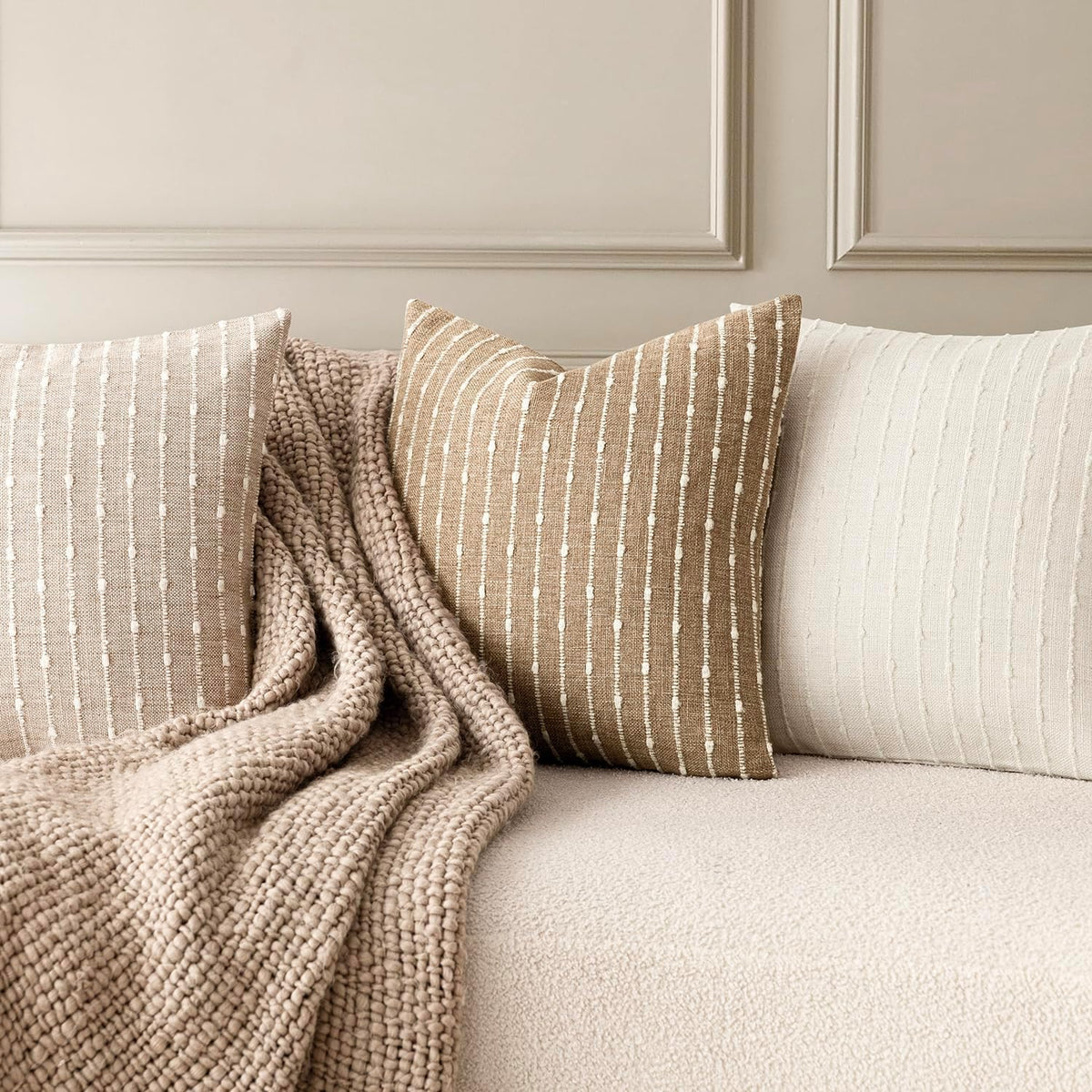 Foindtower Decorative Striped Boucle Throw Pillow Covers 20x20 Inch Camel