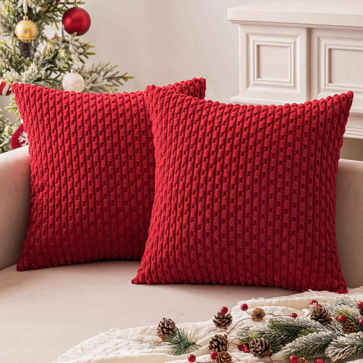 MIULEE Decorative Throw Pillow Covers 20x20 Cream White Textured Corduroy