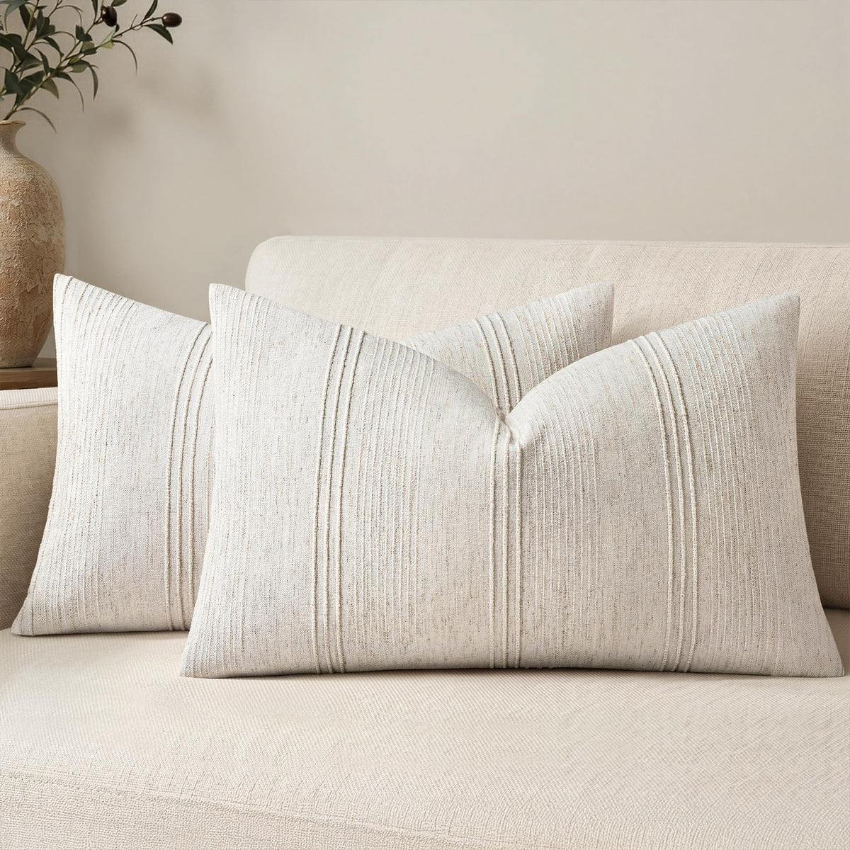 MIULEE Decorative Striped Throw Pillow Covers 20x20 Inch Beige 2 Pack