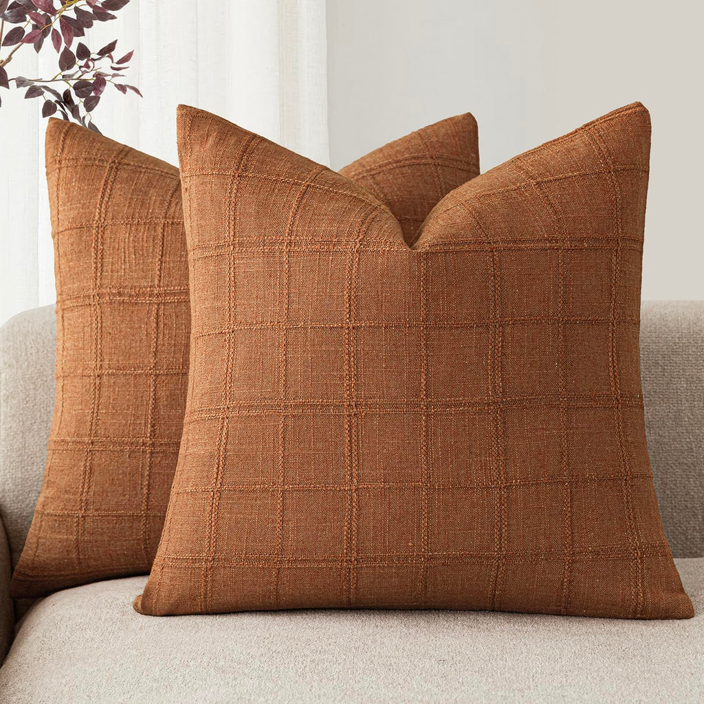Foindtower Boho Linen Check Decorative Throw Pillow Cover 20×20 Olive Green