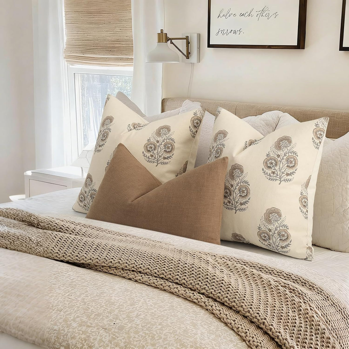 Vintage Floral Print Fall Pillow Covers 20x20 Set of 2 Patterned Accent Decorative Cushion Covers Modern Farmhouse Throw Pillow Covers for Sofa Couch Chair Bed Living Room Home Decor, Light Brown