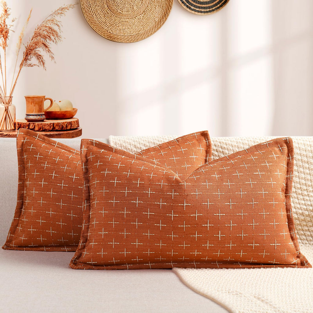 ZWJD Fall Pillow Covers 20x20 Set of 2 Soft Polyester Textured Rust Pillow Covers with Stylish Flange Edge Cozy Farmhouse Throw Pillows for Couch Bed Sofa Living Room Fall Decor