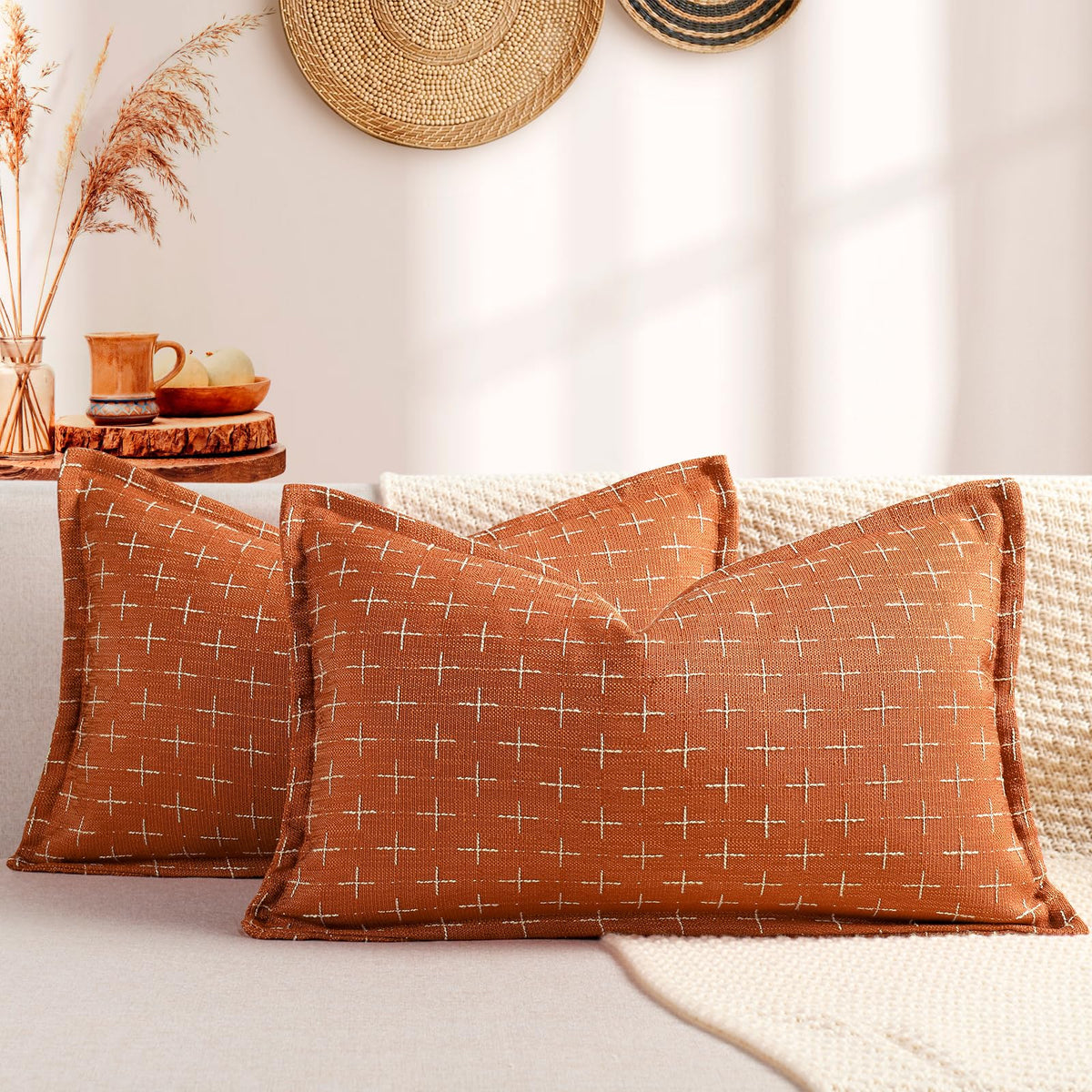 ZWJD Fall Pillow Covers 20x20 Set of 2 Soft Polyester Textured Rust Pillow Covers with Stylish Flange Edge Cozy Farmhouse Throw Pillows for Couch Bed Sofa Living Room Fall Decor