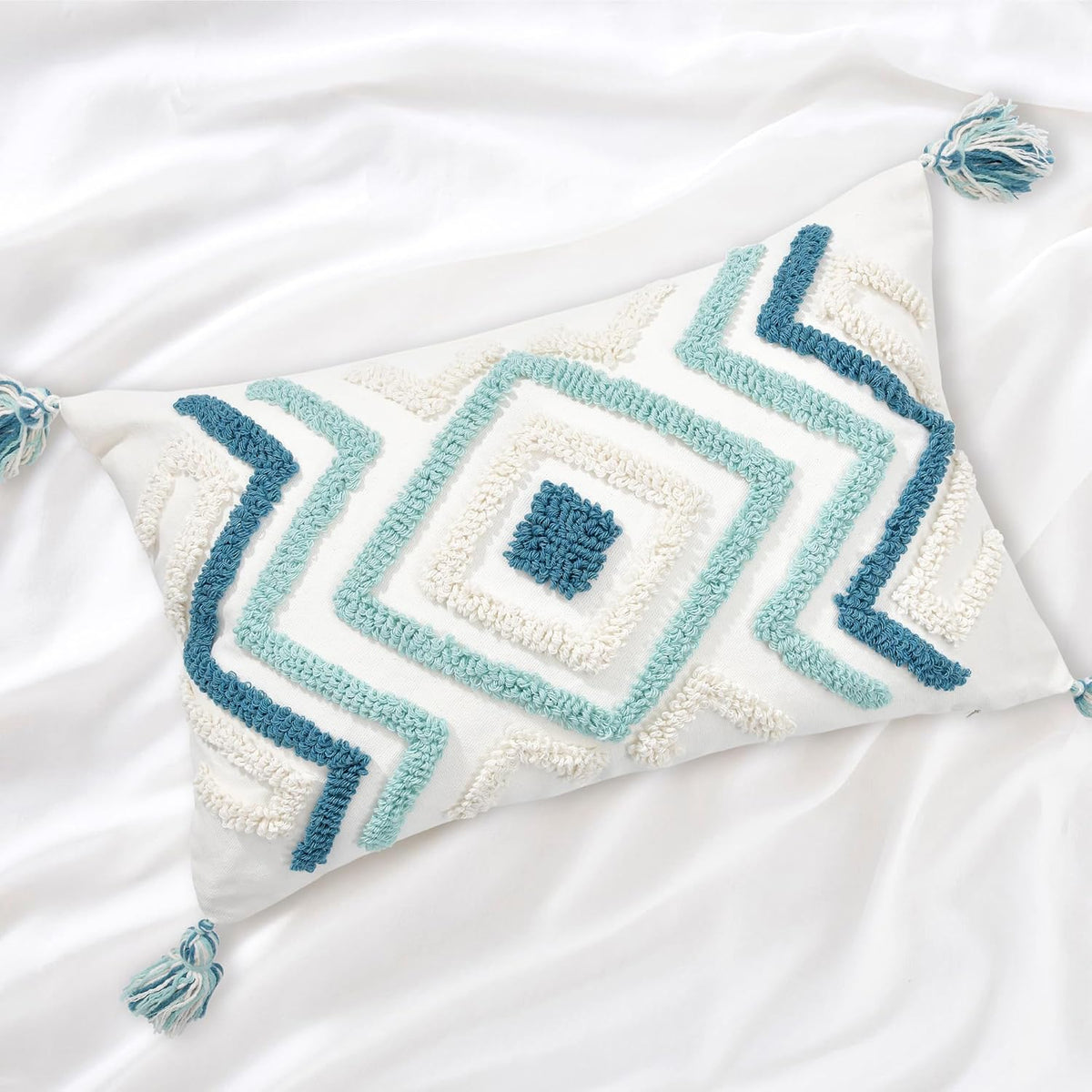Lumbar Boho Pillow Covers 12x20 Tufted Teal for Couch Bed Teal