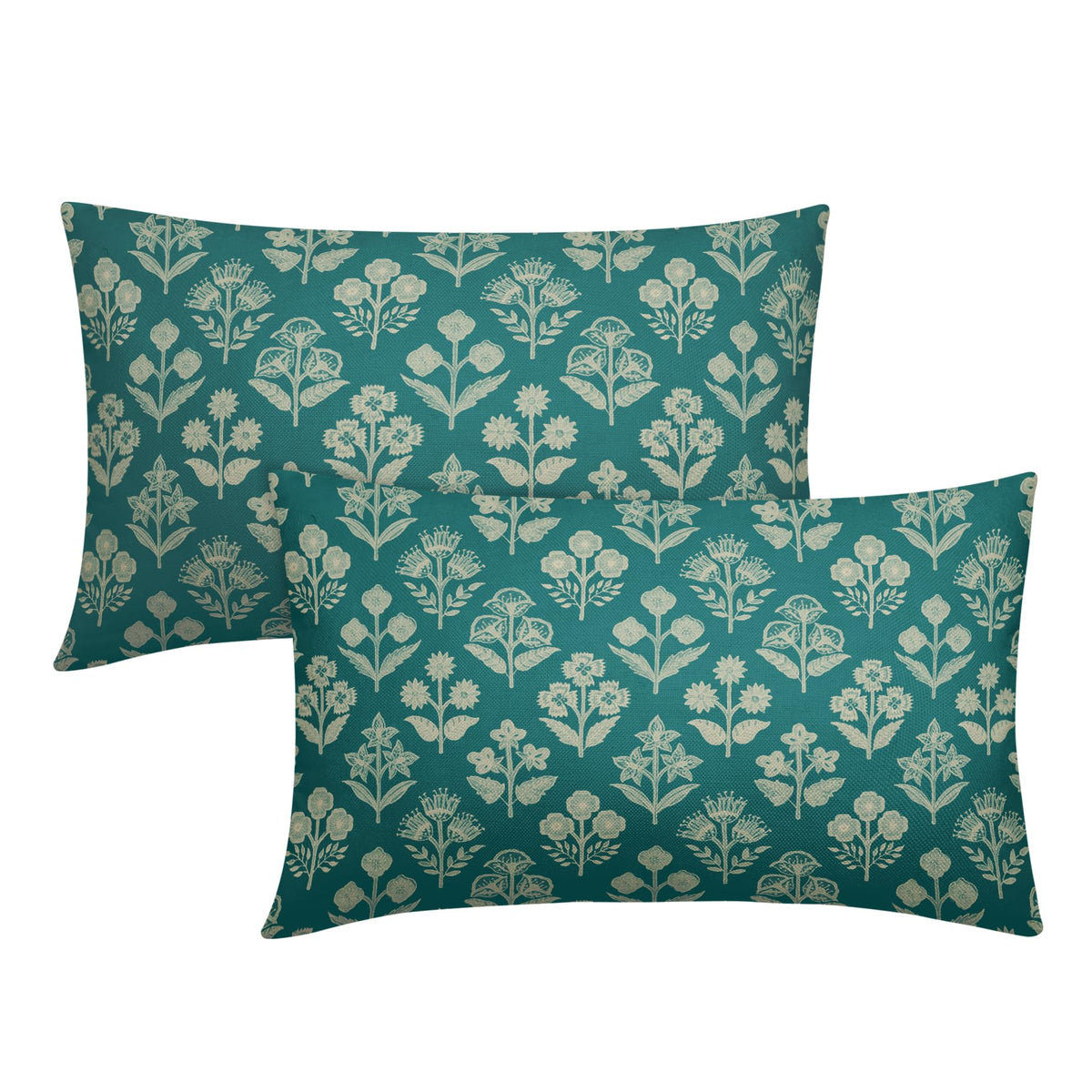 Blue Green Block Print Pillow Covers 18x18 Inch Set of 2, Vintage Floral Spring Decorative Throw Pillow Cases Boho Cushion Covers Rustic Decoration Gift Farmhouse Sofa Couch Bed Decor