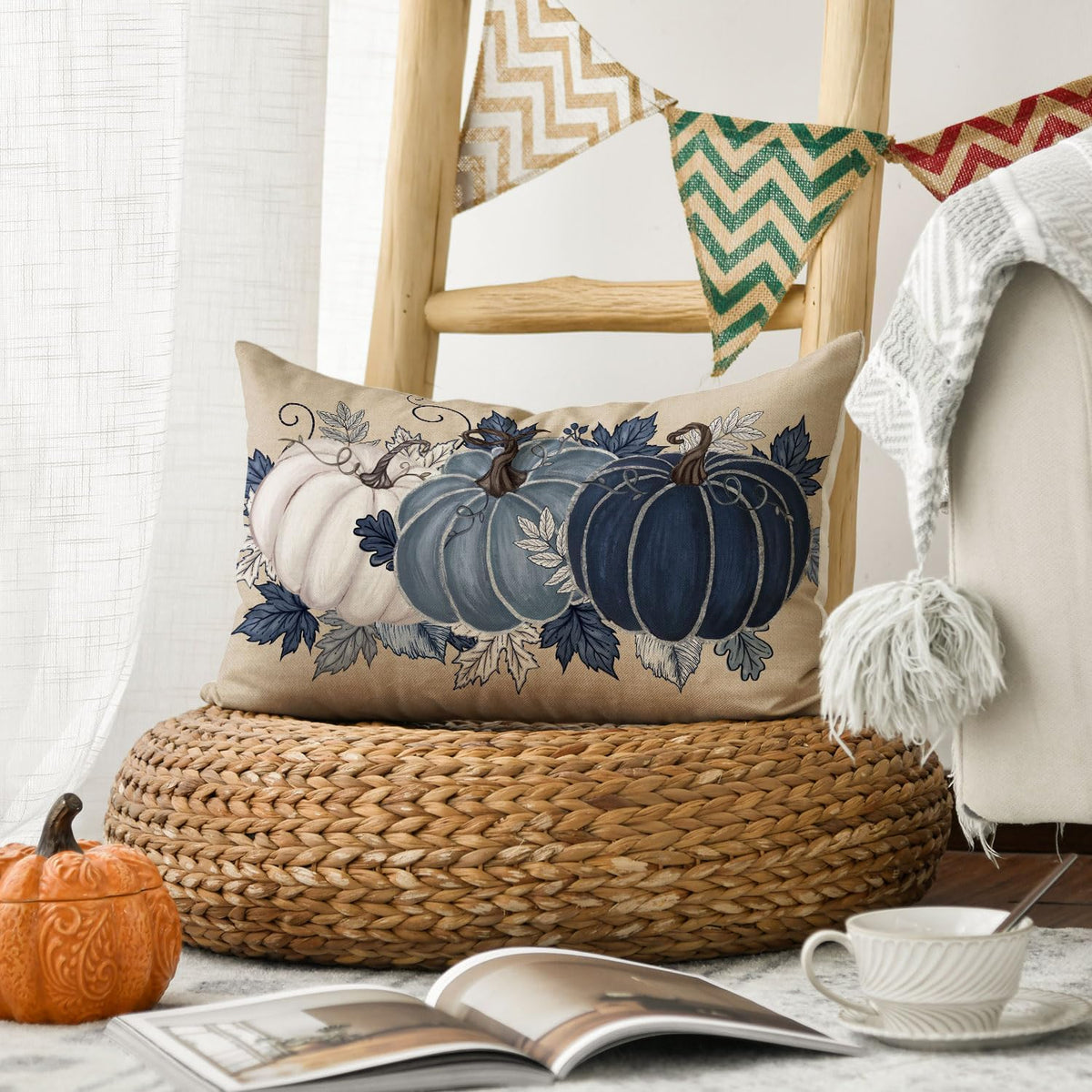 AVOIN colorlife Fall Blue Pumpkin Leaves Throw Pillow Cover 12x20 Inch