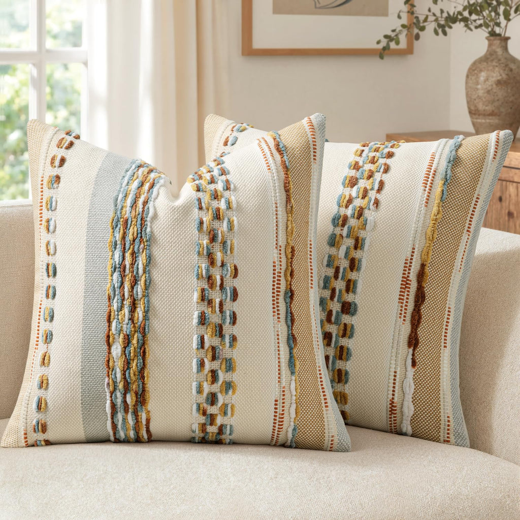 ANRODUO Boho Decorative Pillow Covers Olive Green Stripe 18x18 Pack of 2