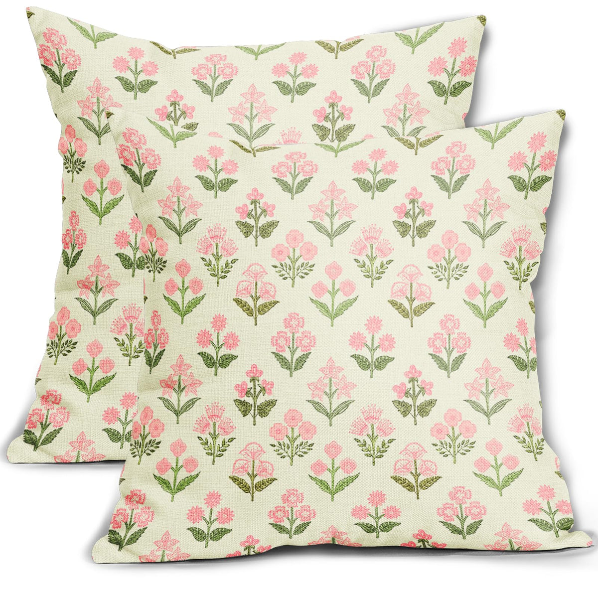 Blue Green Block Print Pillow Covers 18x18 Inch Set of 2, Vintage Floral Spring Decorative Throw Pillow Cases Boho Cushion Covers Rustic Decoration Gift Farmhouse Sofa Couch Bed Decor