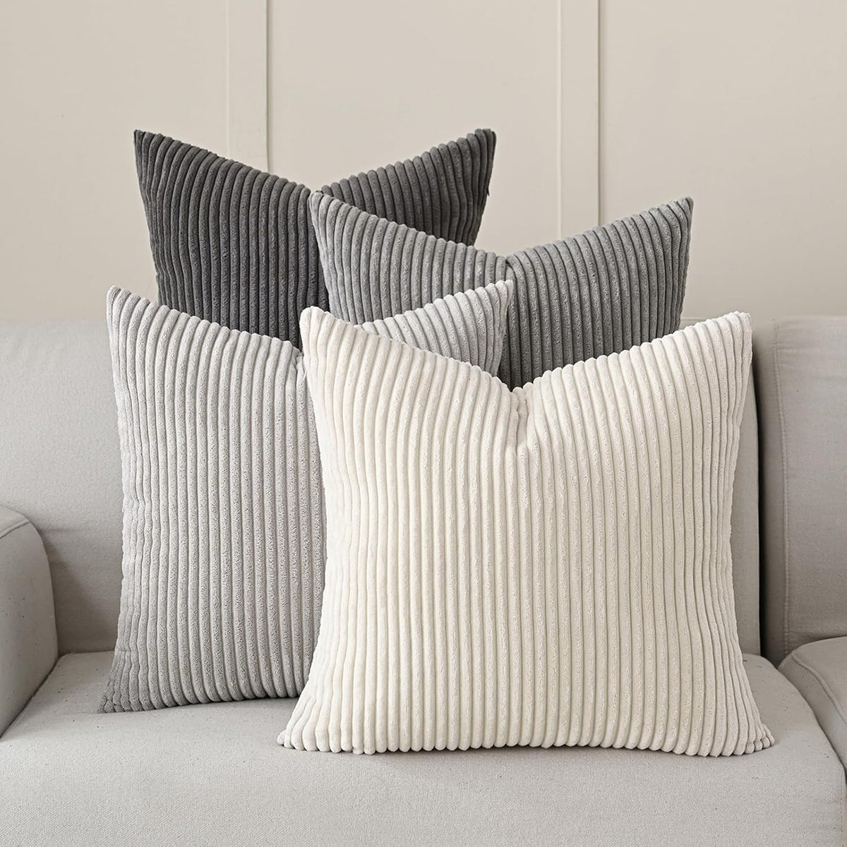 Volcanics Set of 4 Neutral Grey Corduroy Couch Throw Pillow Covers 18x18 in