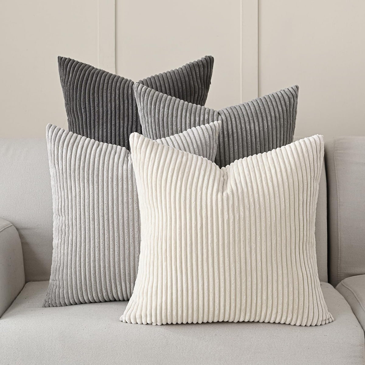 Volcanics Set of 4 Neutral Grey Corduroy Couch Throw Pillow Covers 18x18 in