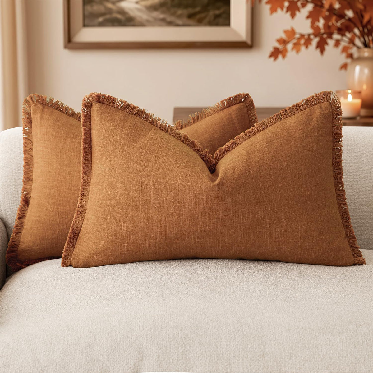 Foindtower Decorative Linen Fringe Throw Pillow Covers 18×18 Olive Green