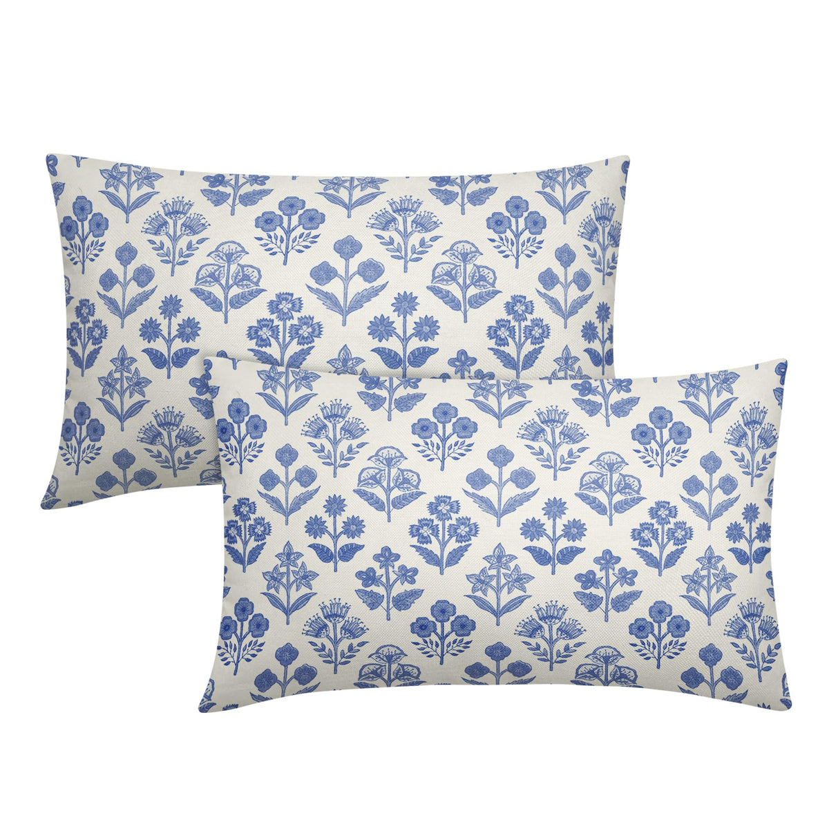 Blue Green Block Print Pillow Covers 18x18 Inch Set of 2, Vintage Floral Spring Decorative Throw Pillow Cases Boho Cushion Covers Rustic Decoration Gift Farmhouse Sofa Couch Bed Decor