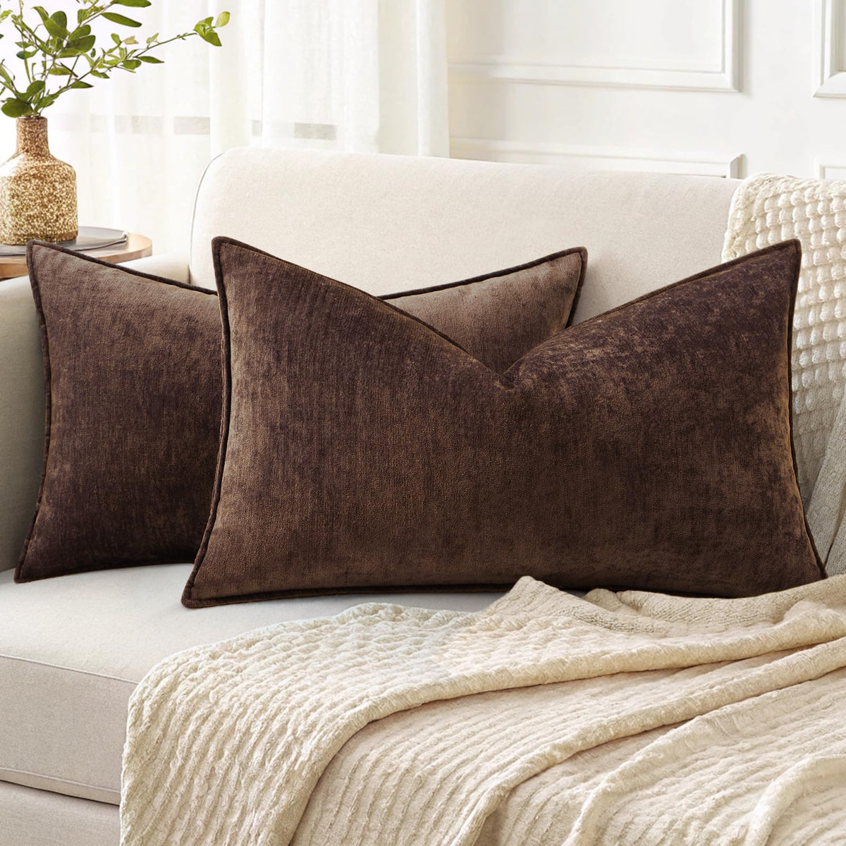 decorUhome Chenille Beige Velvet Throw Pillow Covers 18x18 Set of 2