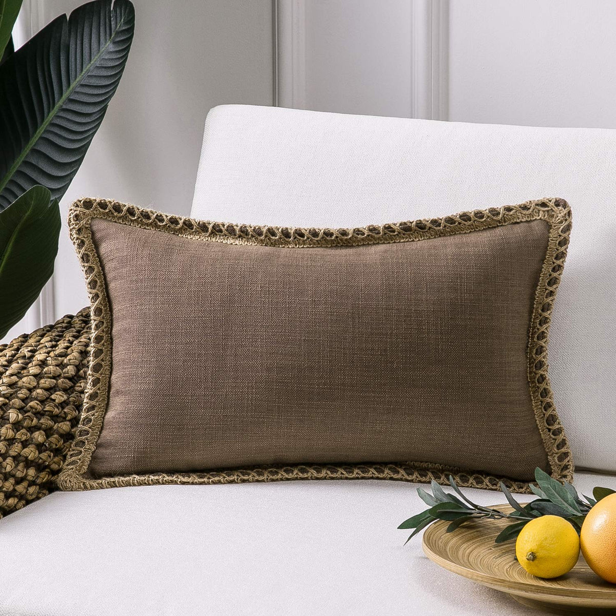 Phantoscope Pack of 2 Farmhouse Decorative Solid Throw Decorative Pillow Cover Burlap Linen Trimmed Tailored Edges Navy Blue 18 x 18 inches, 45 x 45 cm