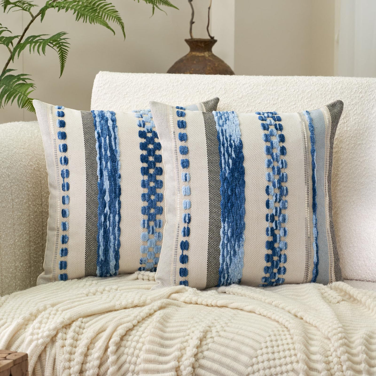 Aeckself Boho Throw Pillow Covers 18x18 Inch Set of 2, Farmhouse Decorative Striped Square Pillow Covers Chenille Tufted Pillow Cases Accent Neutral Pillowcase for Living Room Couch Bed, Orange White