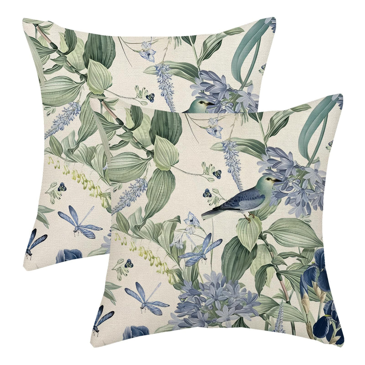 Chinoiserie Pillow Covers 18x18 Set of 2 Blue Green Bird Floral Throw Pillows Vintage Blue Flowers Decorations Outdoor Pillowcase Chinoiserie Decor Farmhouse Linen Cushion Case for Couch Home