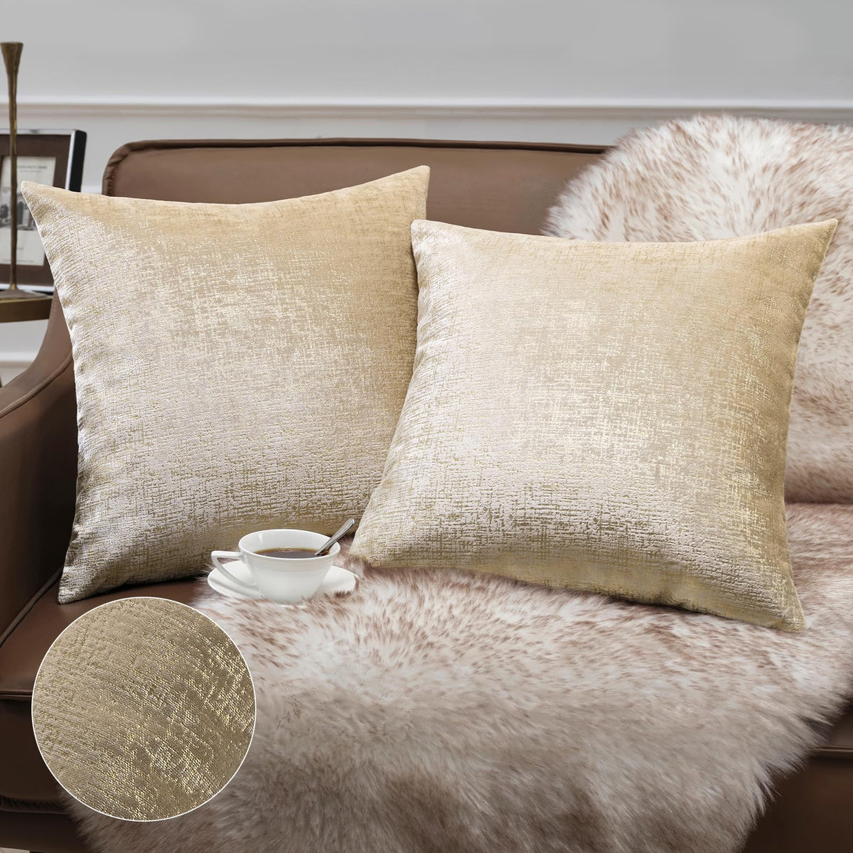 Phantoscope Pack of 2 Sparkling Velvet Geometric-pattern Throw Decorative Pillow Cover Soft Gold Glitter Square Cushion Cover Pillowcase for Couch Bed and Chair, Dark Brown, 18 x 18 inches, 45 x 45 cm