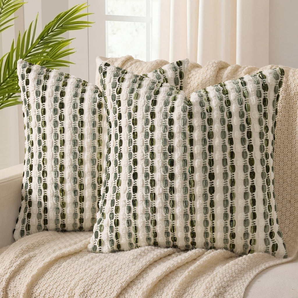 ANRODUO Boho Decorative Pillow Covers Olive Green Stripe 18x18 Pack of 2