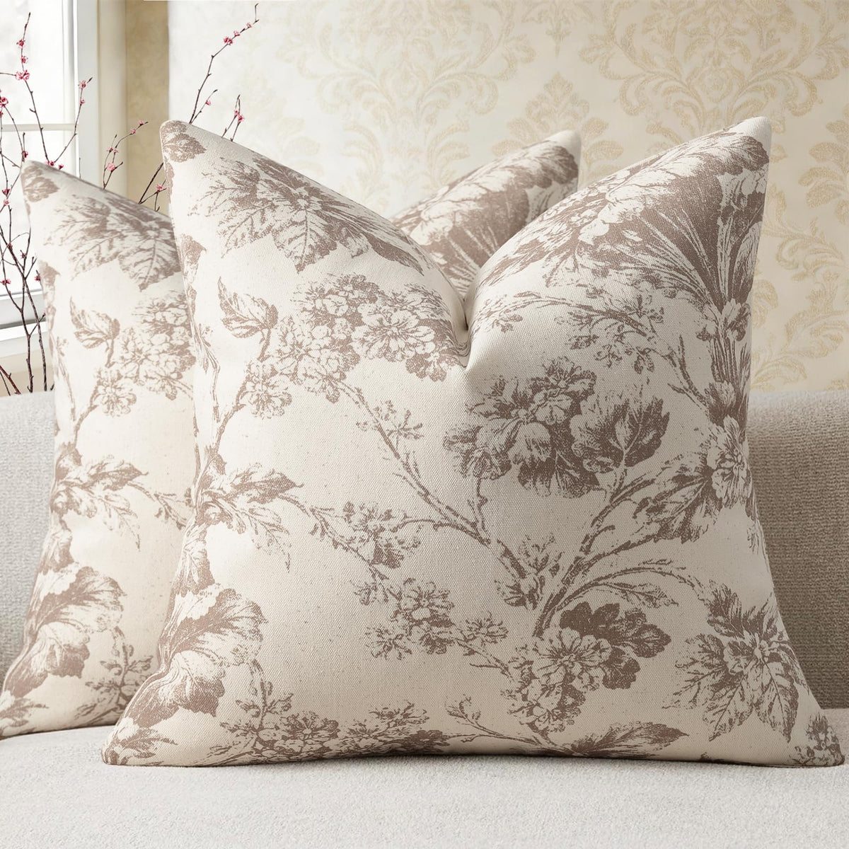 Buenohuas Farmhouse Decorative Pillow Covers 18x18 Set of 2, Vintage Botanical Floral Patterned Cushion Covers for Sofa Couch Chair Bed Living Room Home Decor Accents, Olive Green