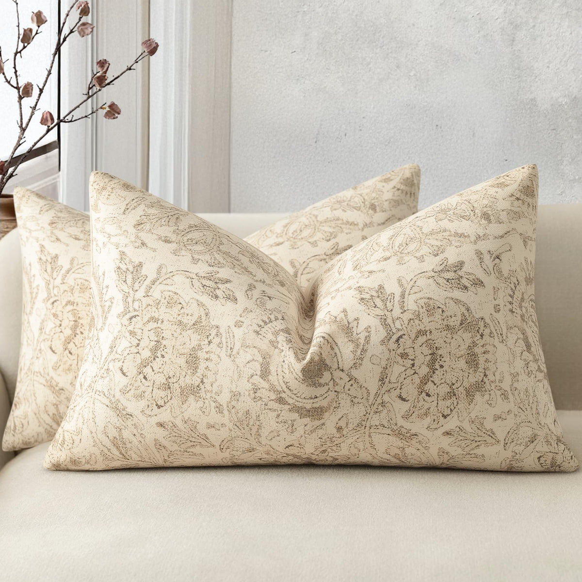 Vintage Floral Print Throw Pillow Covers 20x20 Set of 2 Neutral Modern Farmhouse Pillowcase Accent Decorative Cushion Covers Boho Home Decor for Couch Sofa Chair Bed Living Room, Olive Green