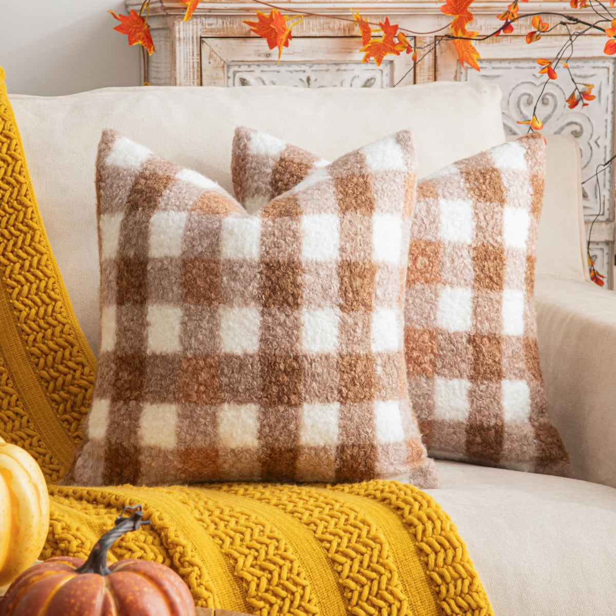 AQOTHES Plaid Fall Throw Pillow Covers Orange 18x18 Inch Set of 2