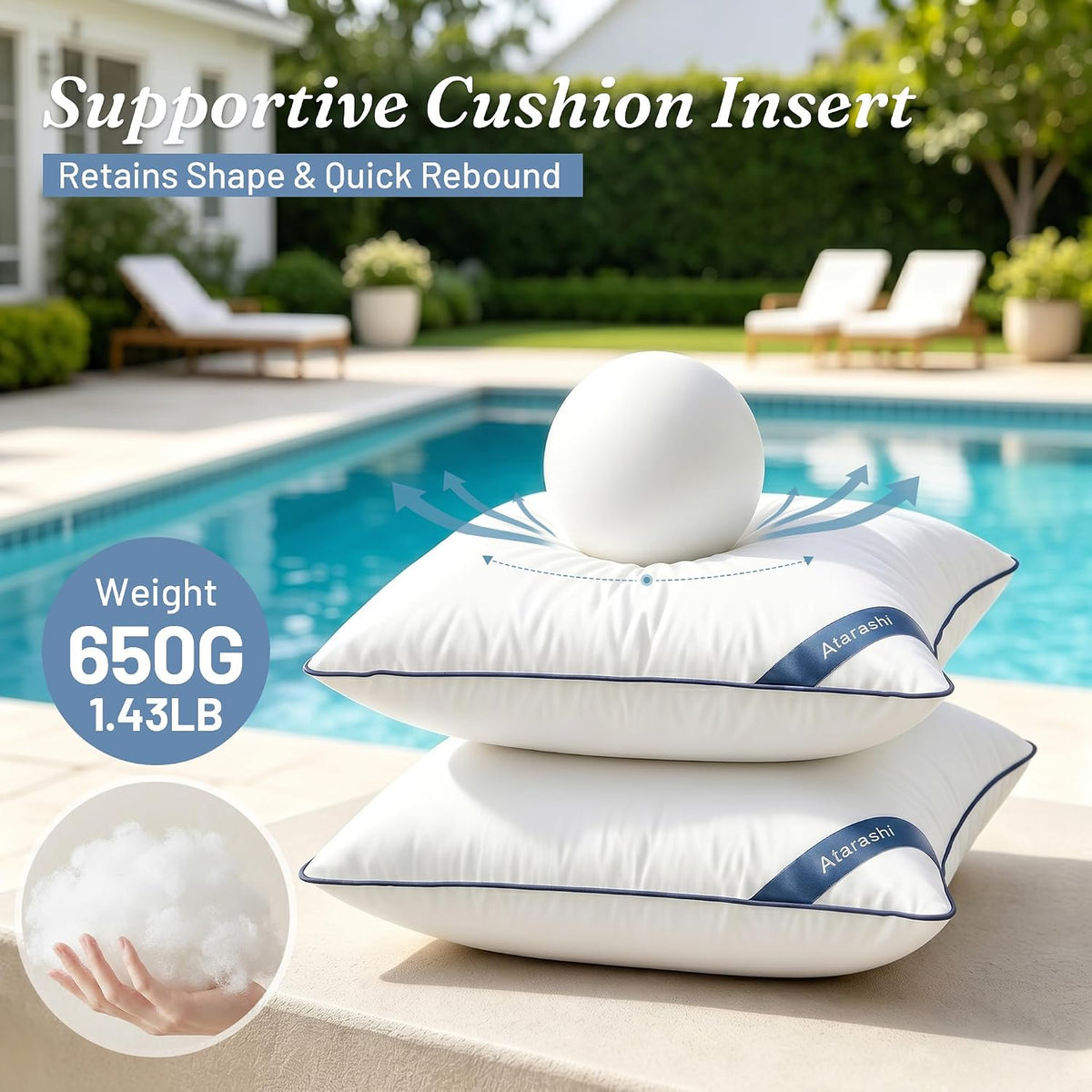Atarashi 18 x 18 Outdoor Pillow Inserts (Pack of 2)- Waterproof Firm and Fluffy Square Throw Pillows - Decorative Pillow Forms for Couch Sofa Bed Patio Furniture - White