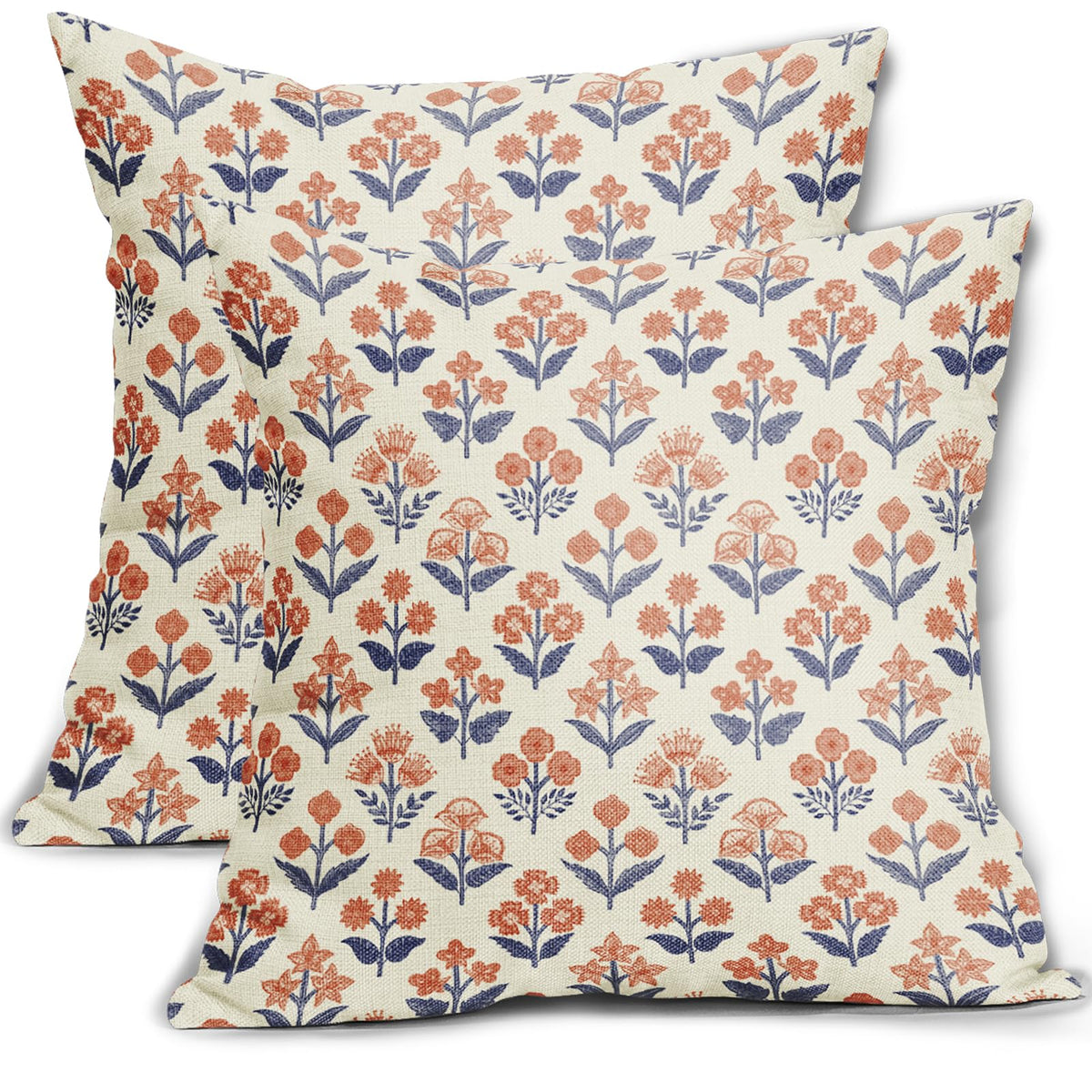 Blue Green Block Print Pillow Covers 18x18 Inch Set of 2, Vintage Floral Spring Decorative Throw Pillow Cases Boho Cushion Covers Rustic Decoration Gift Farmhouse Sofa Couch Bed Decor