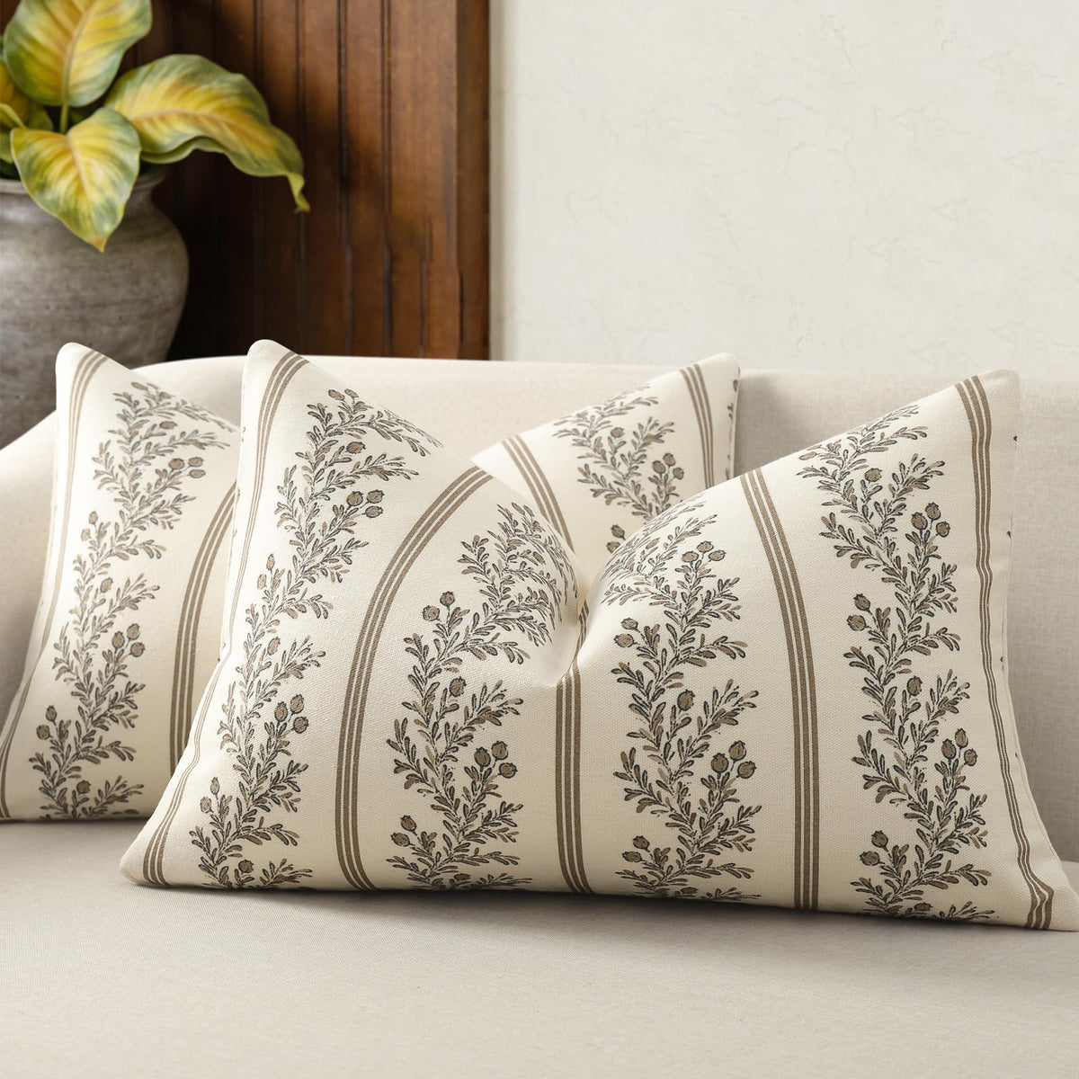 Vintage Throw Pillow Covers 18x18 Set of 2, Striped Floral Pillow Cover Botanical Patterned Decorative Cushion Covers Modern Farmhouse Home Decor for Sofa Couch Bed Living Room, Light Brown
