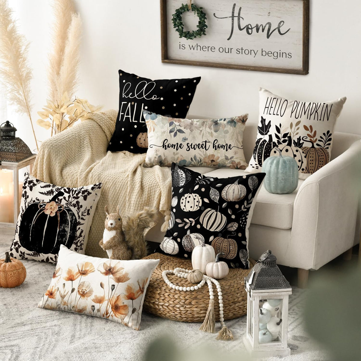 AVOIN colorlife Fall Hello Pumpkin Leaves Throw Pillow Covers, 18 x 18 Inch Autumn Thanksgiving Harvest Polka Dot Black Decorations for Sofa Couch Set of 4