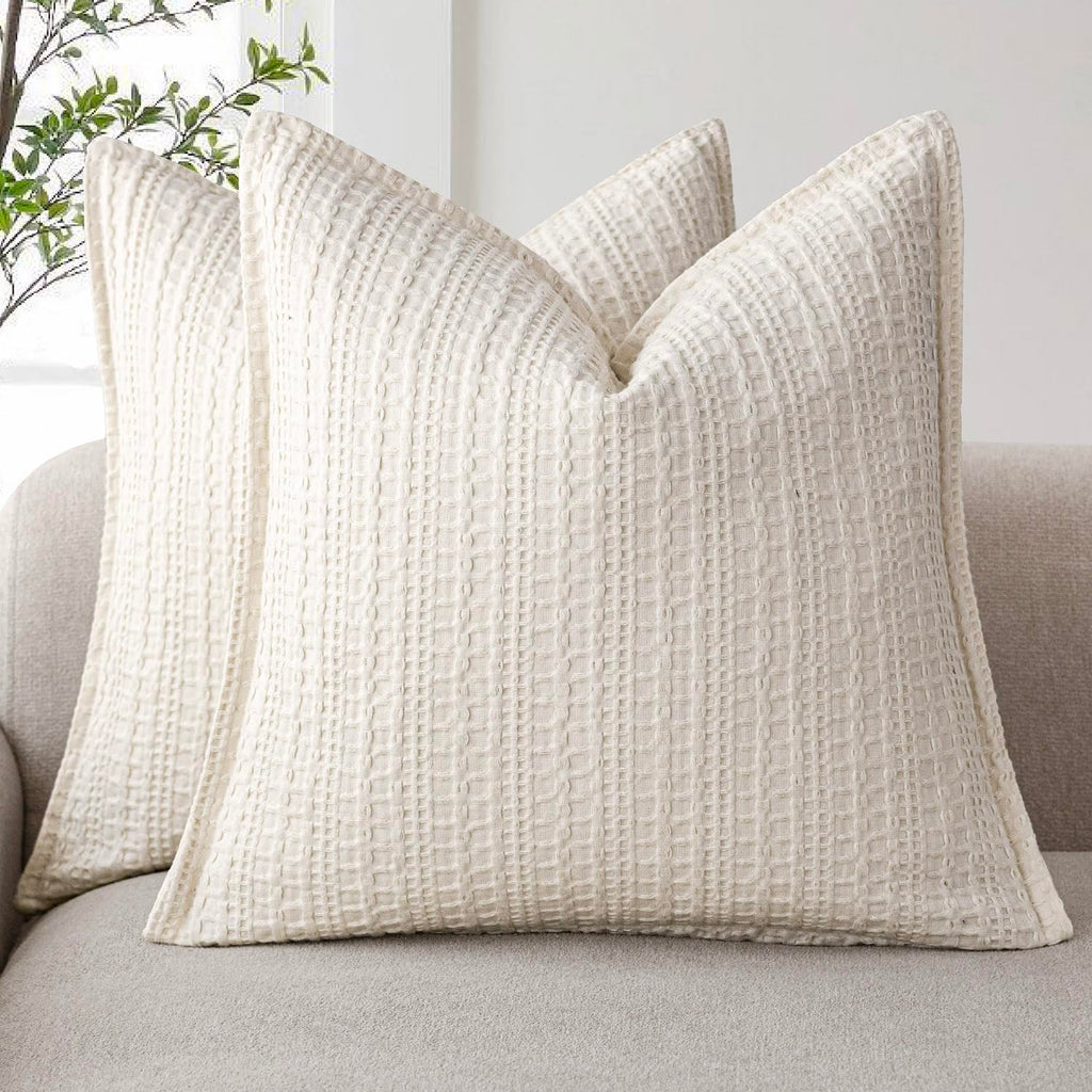 Foindtower Set of 2 Decorative Cotton Waffle Weave Textured Throw Pillow Covers Euro Sham Cushion Covers Accent European Pillowcase For Bed Couch Sofa Bedroom Living Room Home Decor 18×18 Inch Oatmeal