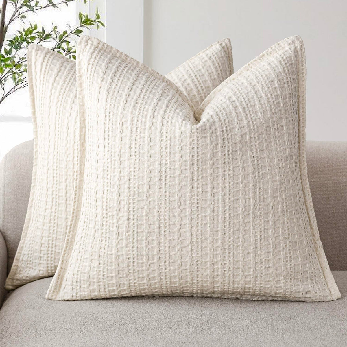 Foindtower Set of 2 Decorative Cotton Waffle Weave Textured Throw Pillow Covers Euro Sham Cushion Covers Accent European Pillowcase For Bed Couch Sofa Bedroom Living Room Home Decor 18×18 Inch Oatmeal