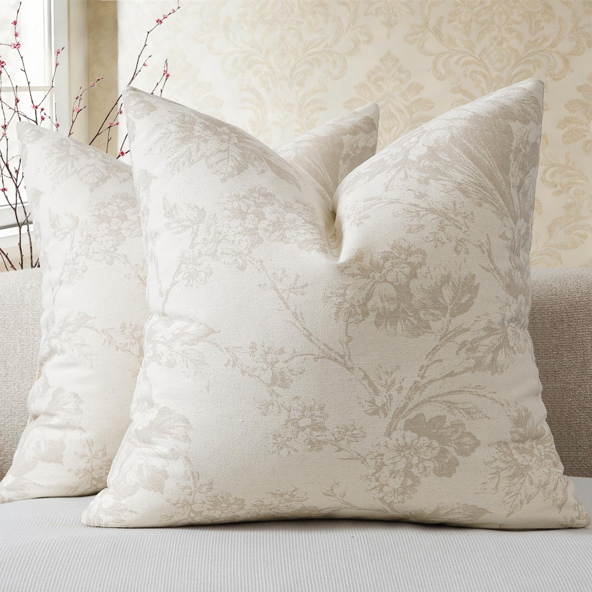 Buenohuas Farmhouse Decorative Pillow Covers 18x18 Set of 2, Vintage Botanical Floral Patterned Cushion Covers for Sofa Couch Chair Bed Living Room Home Decor Accents, Olive Green