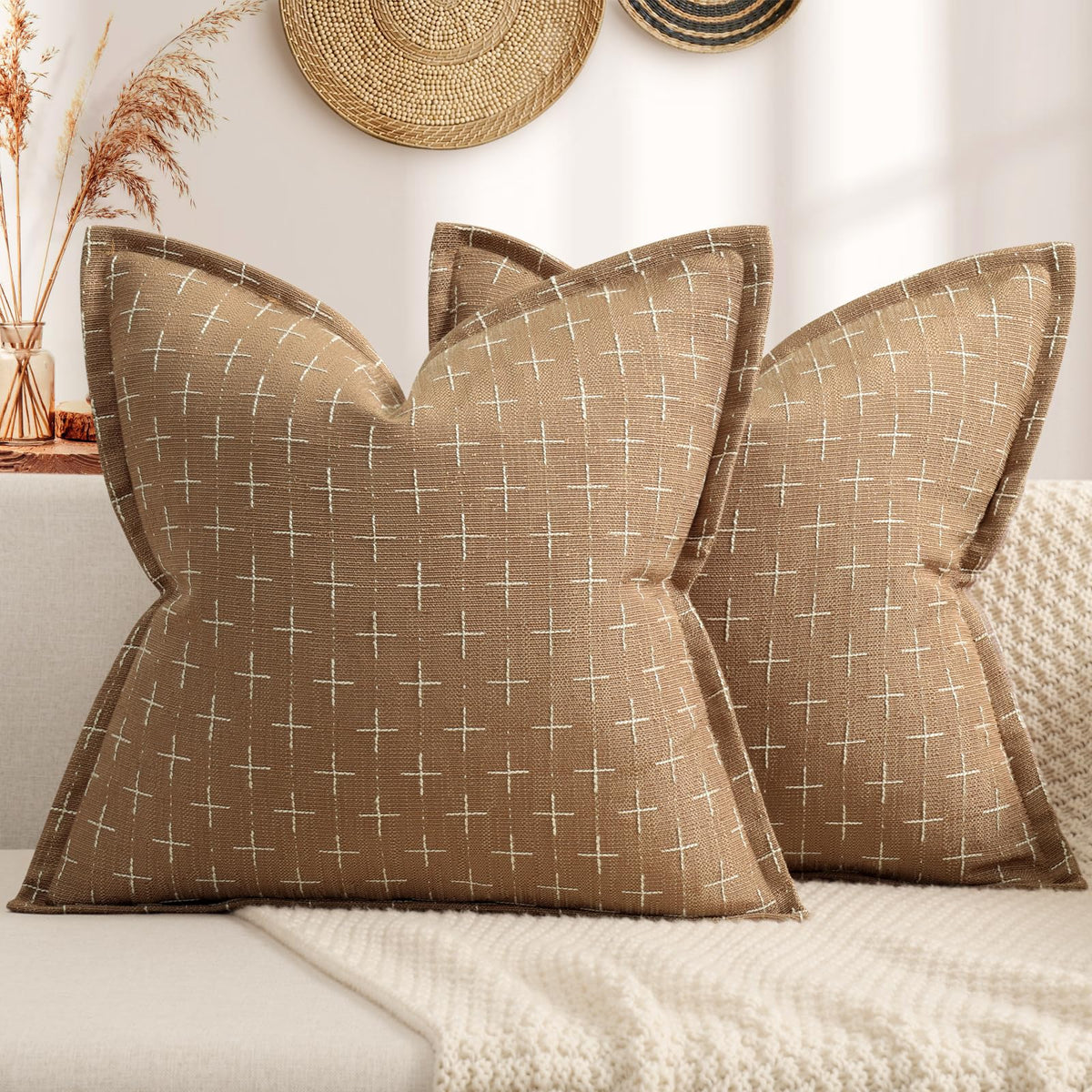 ZWJD Fall Pillow Covers 20x20 Set of 2 Soft Polyester Textured Rust Pillow Covers with Stylish Flange Edge Cozy Farmhouse Throw Pillows for Couch Bed Sofa Living Room Fall Decor