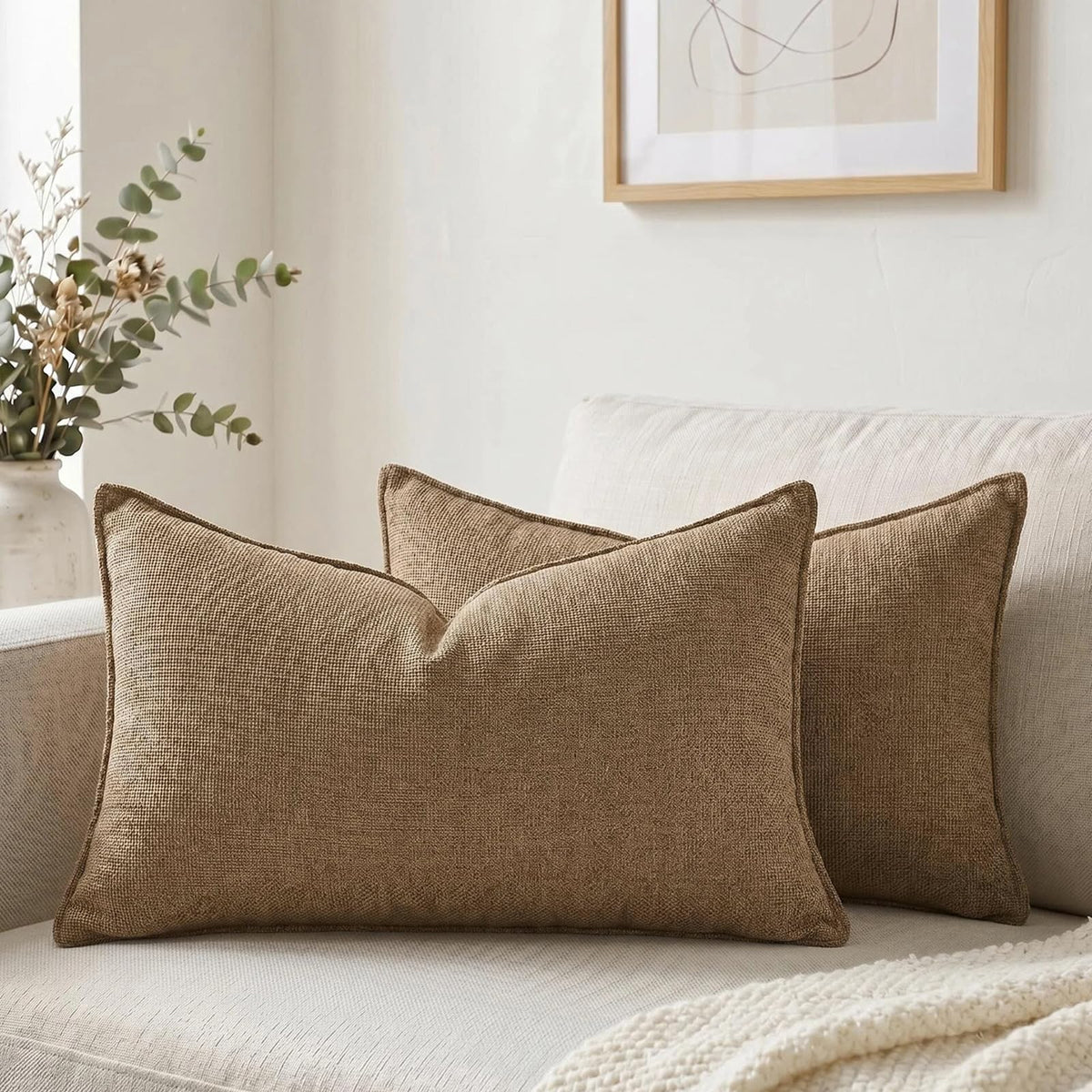 Fancy Homi Set of 2 Sage Green 12x20 Inch Soft Chenille Decorative Throw Pillow Covers with Flange Edge, Lumbar Neutral Modern Boho Textured Cushion Case Home Decor for Couch Sofa Bed Living Room
