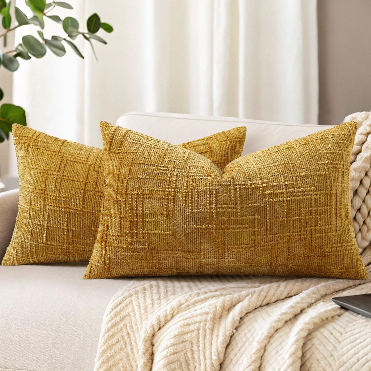decorUhome Textured Chenille Throw Pillow Covers 18x18 Set of 2 Cream White