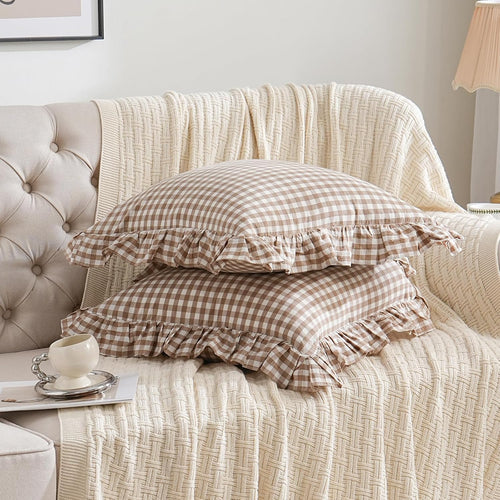 2 Pack Taupe/Brown Plaid Ruffle Throw Pillow Covers Farmhouse 20"x20" Brown