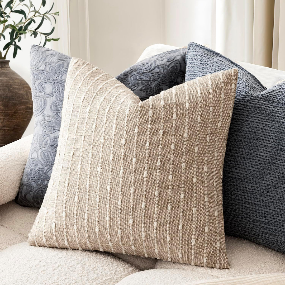 Foindtower Decorative Striped Boucle Throw Pillow Cover 20x20 Natural Beige