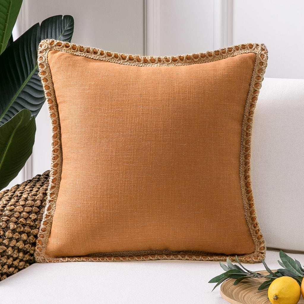 Phantoscope Pack of 2 Farmhouse Decorative Solid Throw Decorative Pillow Cover Burlap Linen Trimmed Tailored Edges Navy Blue 18 x 18 inches, 45 x 45 cm